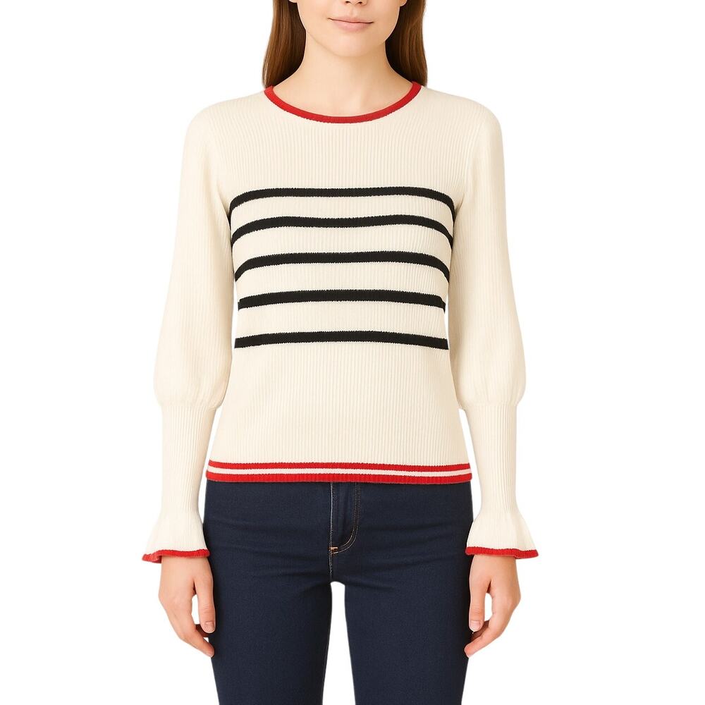 Embossed Cream Striped Sweater Classic Knit Medium Preppy